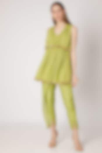 Olive Green Embroidered Kurta With Flap Pants by Ria Shah Label