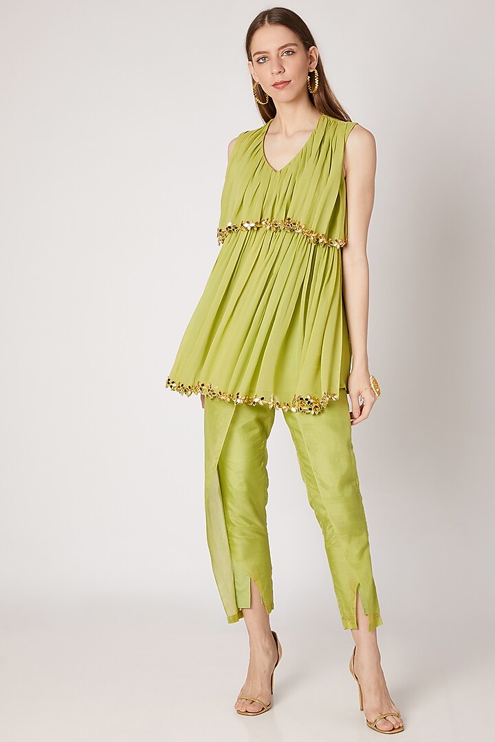 Olive Green Embroidered Kurta With Flap Pants by Ria Shah Label