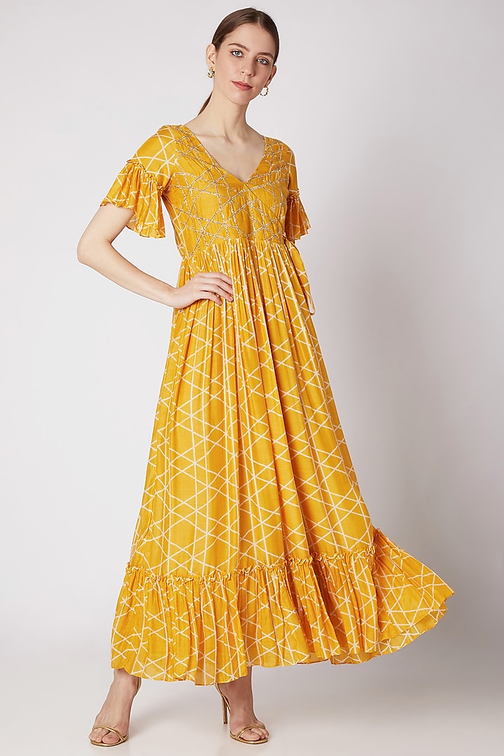Mustard Yellow Embroidered & Printed Angrakha Dress Design by Ria Shah ...