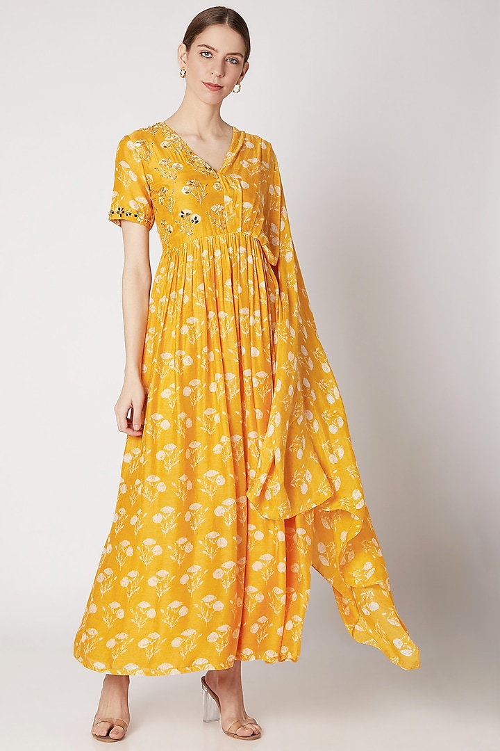 Mustard Yellow Embroidered & Printed Anarkali With Drape Dupatta by Ria Shah Label