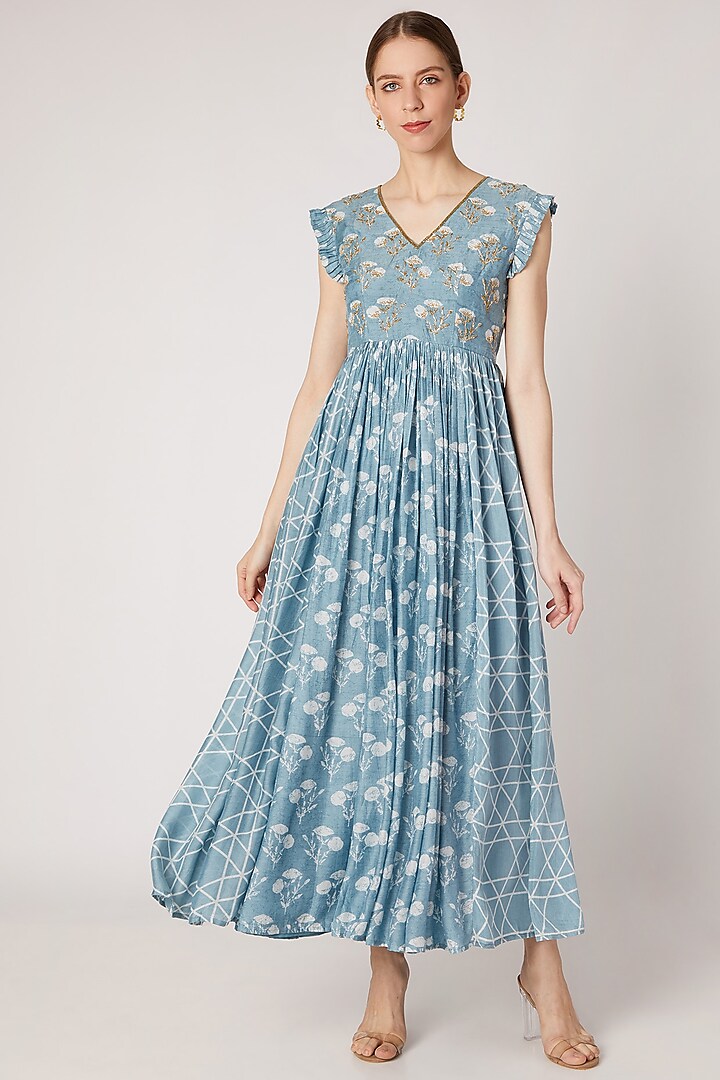 Sky Blue Embroidered & Printed Maxi Dress by Ria Shah Label