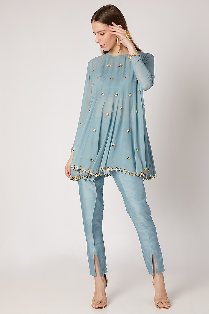 Sky Blue Embroidered Top With Bustier & Flap Pants by Ria Shah Label