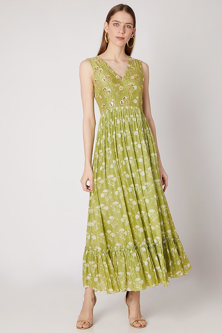 Olive Green Embroidered & Printed Maxi Dress by Ria Shah Label