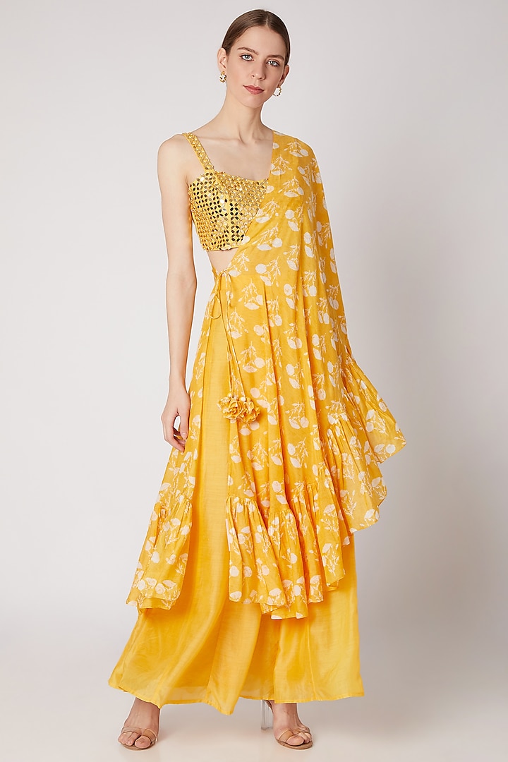 Mustard Yellow Embroidered Bustier With Pants & Printed Draped Dupatta by Ria Shah Label