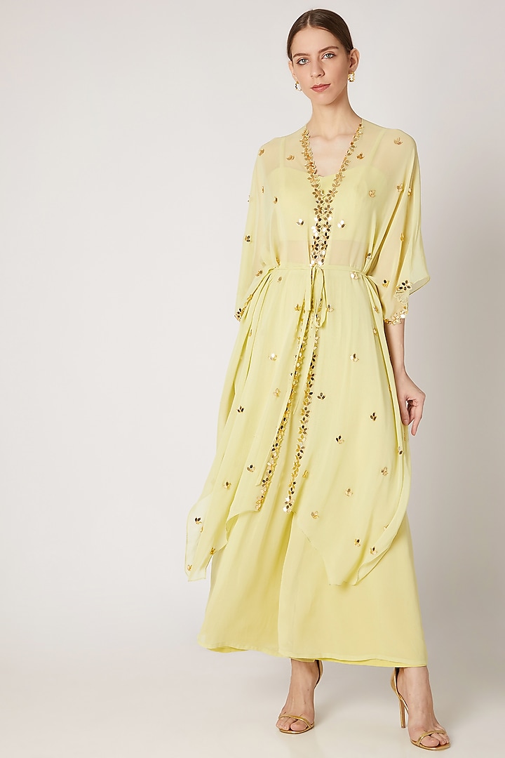 Lime Yellow Embroidered Kaftan With Bustier & Pants by Ria Shah Label