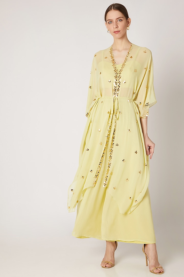 Lime Yellow Embroidered Kaftan With Bustier & Pants by Ria Shah Label at Pernia's Pop Up Shop