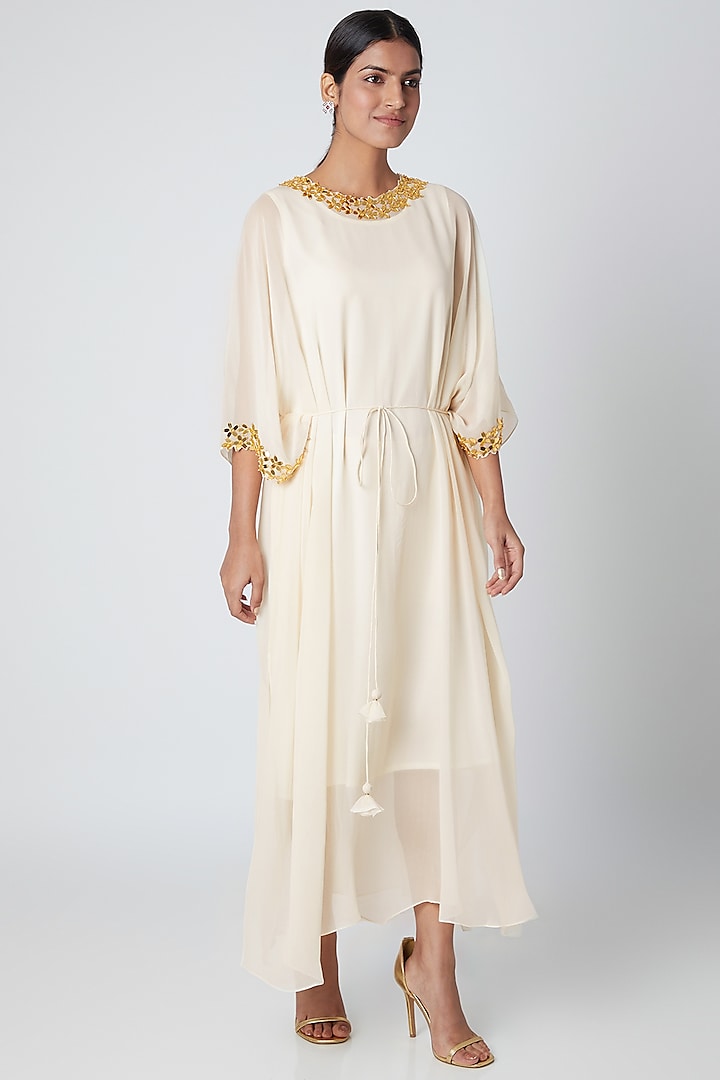 Off White Embellished Draped Kaftan by Ria Shah Label