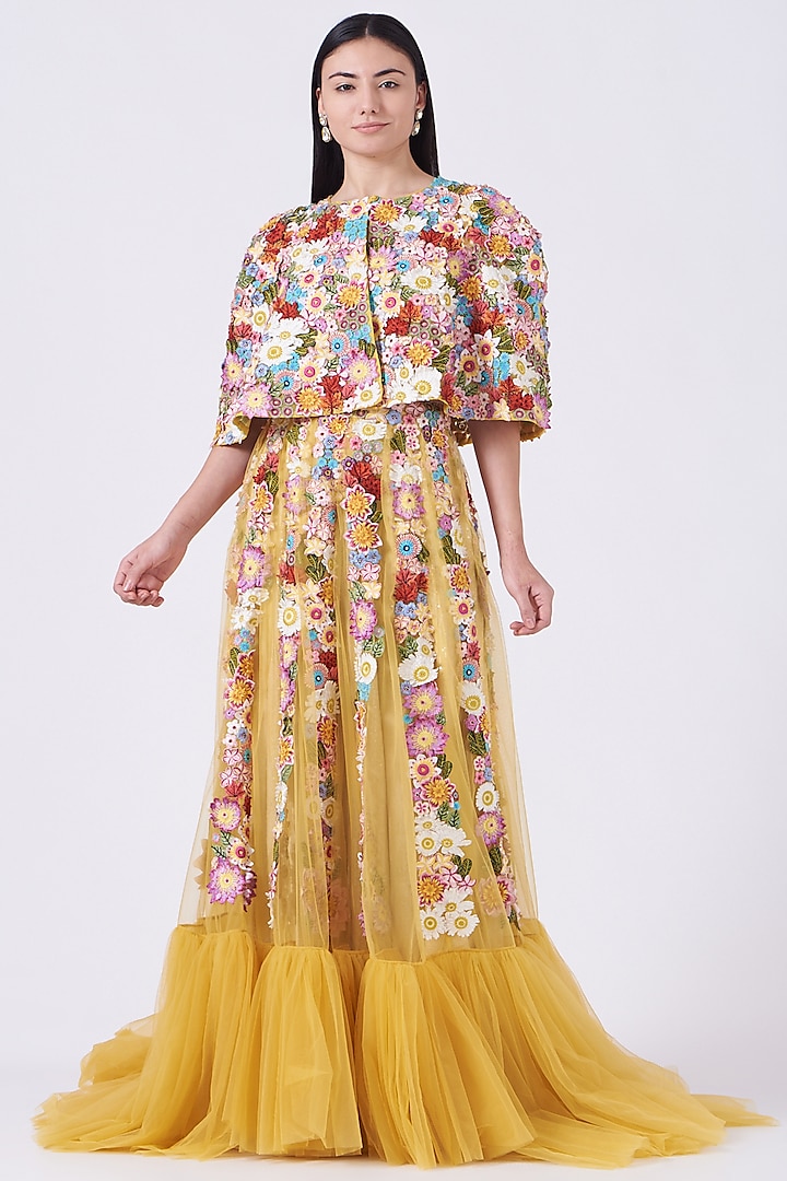 Mustard Hand Embroidered Skirt by Rahul Mishra