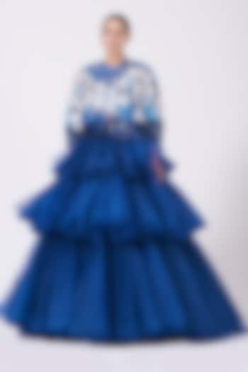 Cobalt Blue Net Layered Skirt Set by Rahul Mishra