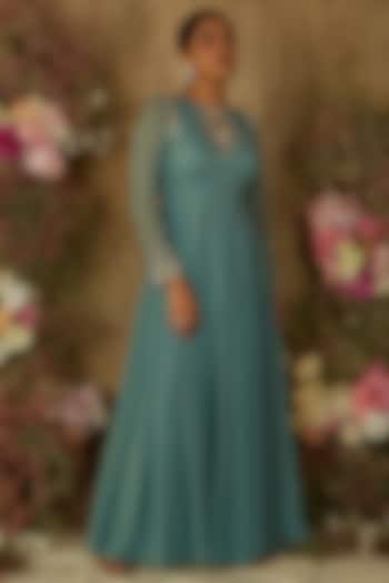 Marine Blue Embroidered Wedding Anarkali by Ria Shah Label at Pernia's Pop Up Shop