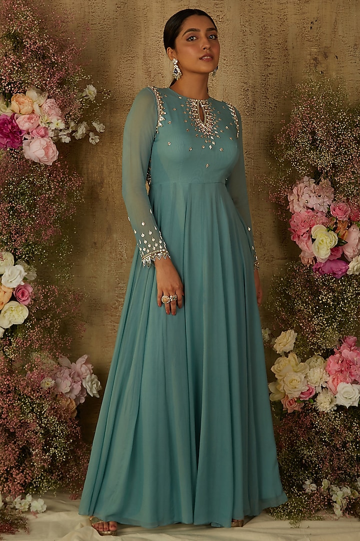Marine Blue Embroidered Wedding Anarkali by Ria Shah Label at Pernia's Pop Up Shop