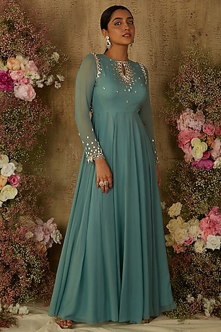 Marine Blue Embroidered Anarkali by Ria Shah Label