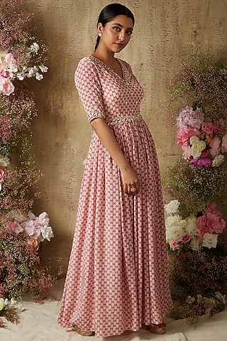 Pop Pink Printed Anarkali by Ria Shah Label