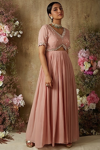 Blush Pink Printed Anarkali by Ria Shah Label