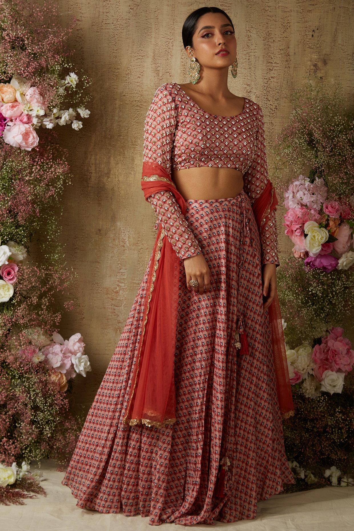Red Floral Printed Lehenga Choli With Dupatta - lovelyweddingmall.com