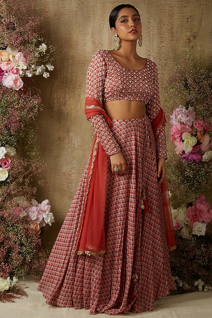 Rust Red Printed Lehenga Set by Ria Shah Label