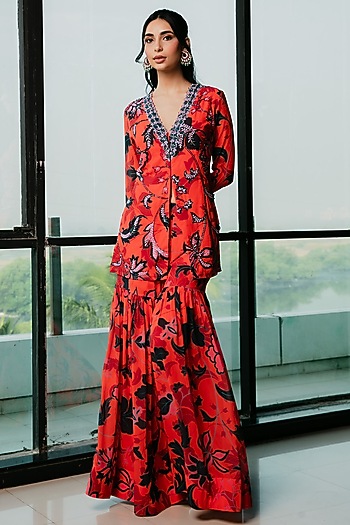 Tangerine Poly Georgette Floral Printed Wedding Sharara Set by Ria Shah Label at Pernia's Pop Up Shop