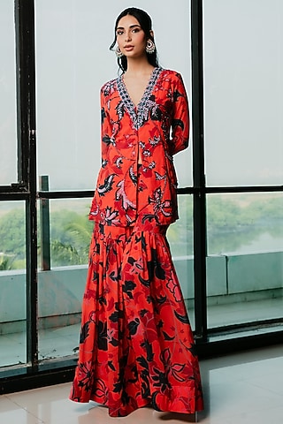 Tangerine Poly Georgette Floral Printed Sharara Set by Ria Shah Label
