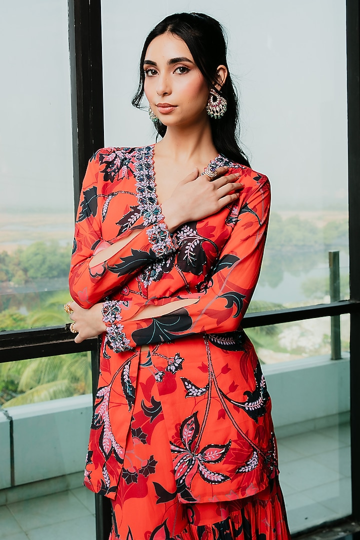 Tangerine Poly Georgette Floral Printed Wedding Sharara Set by Ria Shah Label at Pernia's Pop Up Shop