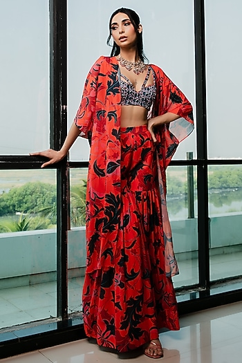 Tangerine Poly Georgette Floral Printed Wedding Sharara Set by Ria Shah Label at Pernia's Pop Up Shop