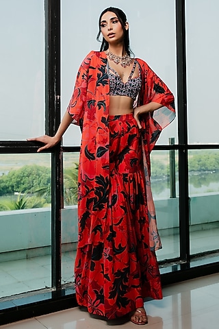 Tangerine Poly Georgette Floral Printed Sharara Set by Ria Shah Label