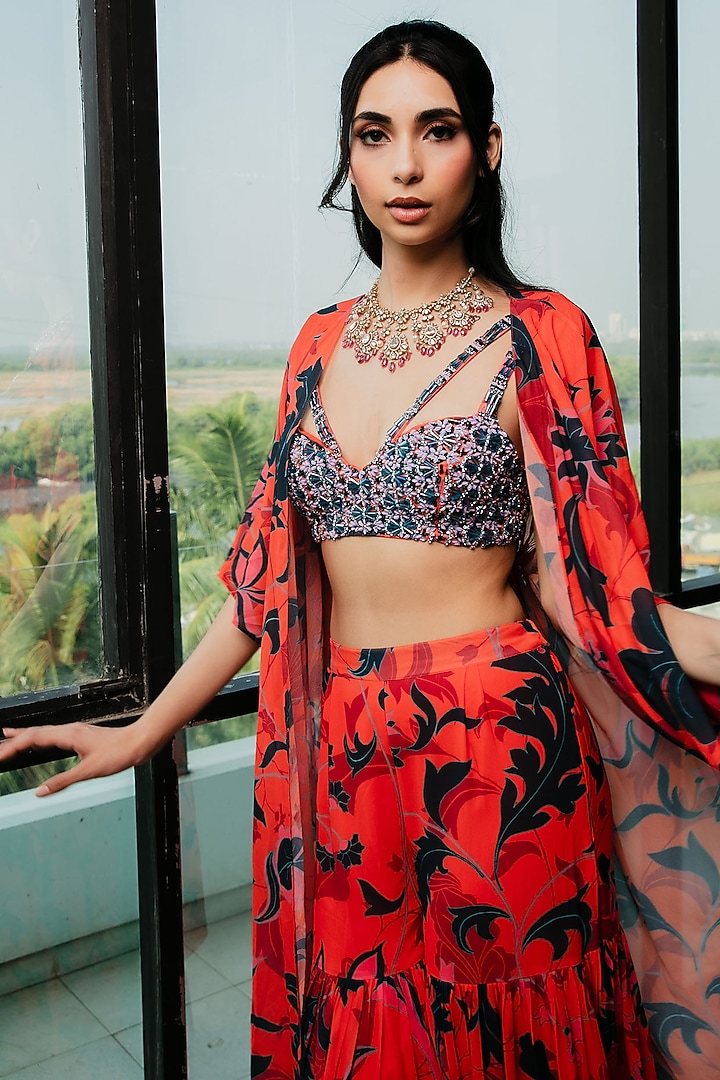 Tangerine Poly Georgette Floral Printed Wedding Sharara Set by Ria Shah Label at Pernia's Pop Up Shop