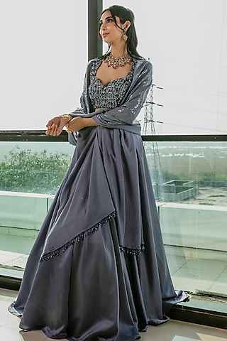 Blue Imported Satin Pearl Embroidered Lehenga Set by Ria Shah Label
