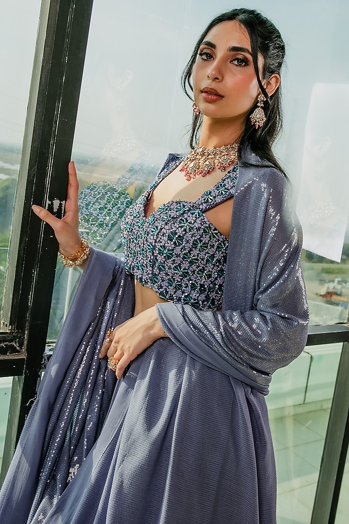 Blue Imported Satin Pearl Embroidered Wedding Lehenga Set by Ria Shah Label at Pernia's Pop Up Shop