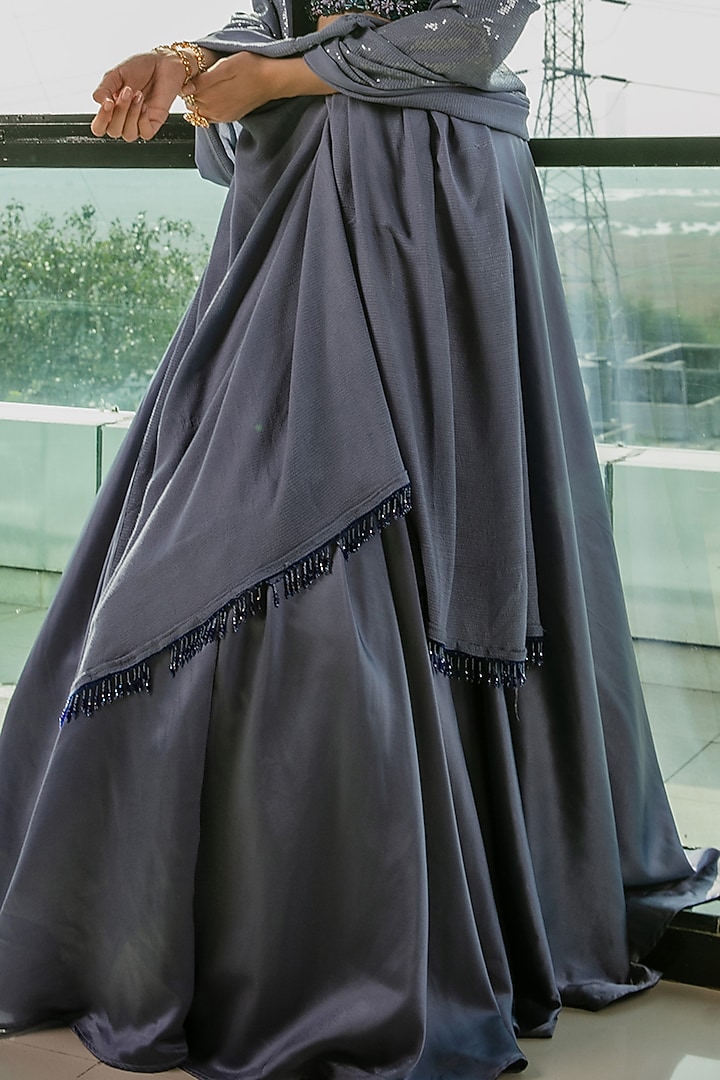 Blue Imported Satin Pearl Embroidered Wedding Lehenga Set by Ria Shah Label at Pernia's Pop Up Shop