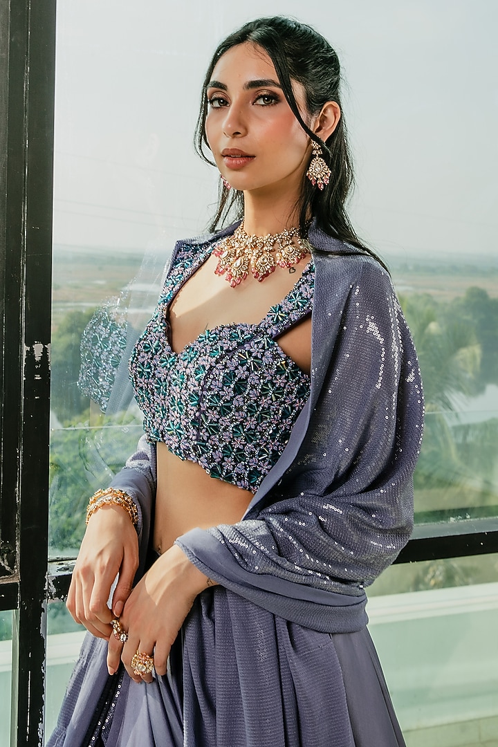 Blue Imported Satin Pearl Embroidered Wedding Lehenga Set by Ria Shah Label at Pernia's Pop Up Shop