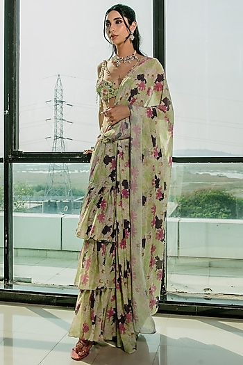 Lime Green Poly Georgette Floral Printed Pre-Draped Ruffled Wedding Saree Set by Ria Shah Label at Pernia's Pop Up Shop