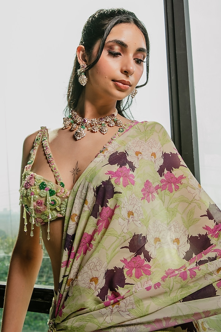Lime Green Poly Georgette Floral Printed Pre-Draped Ruffled Wedding Saree Set by Ria Shah Label at Pernia's Pop Up Shop