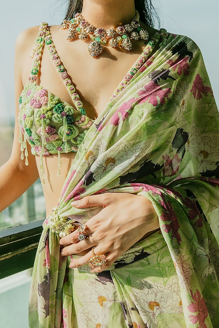 Lime Green Poly Georgette Floral Printed Pre-Draped Ruffled Wedding Saree Set by Ria Shah Label at Pernia's Pop Up Shop