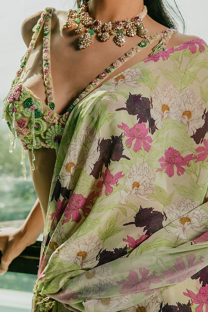 Lime Green Poly Georgette Floral Printed Pre-Draped Ruffled Wedding Saree Set by Ria Shah Label at Pernia's Pop Up Shop