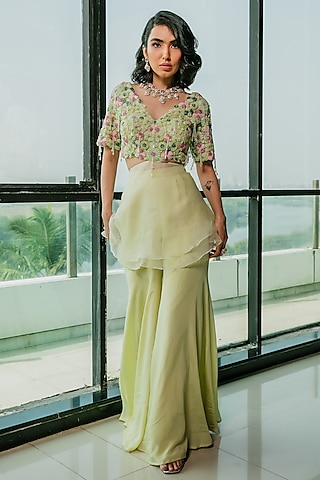 Lime Green Crepe Sharara Set by Ria Shah Label