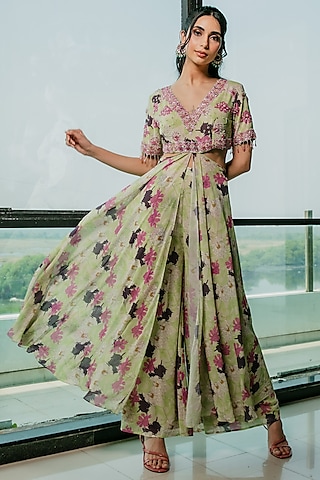 Lime Green Poly Georgette Floral Printed Anarkali Set by Ria Shah Label