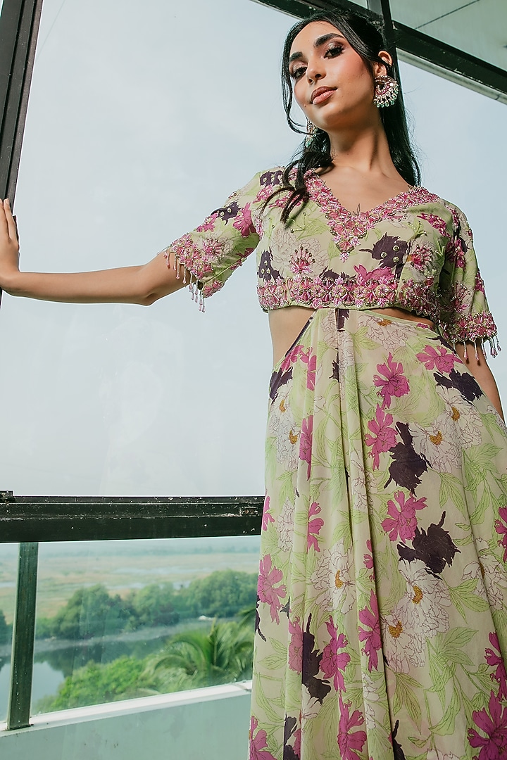 Lime Green Poly Georgette Floral Printed Wedding Anarkali Set by Ria Shah Label at Pernia's Pop Up Shop