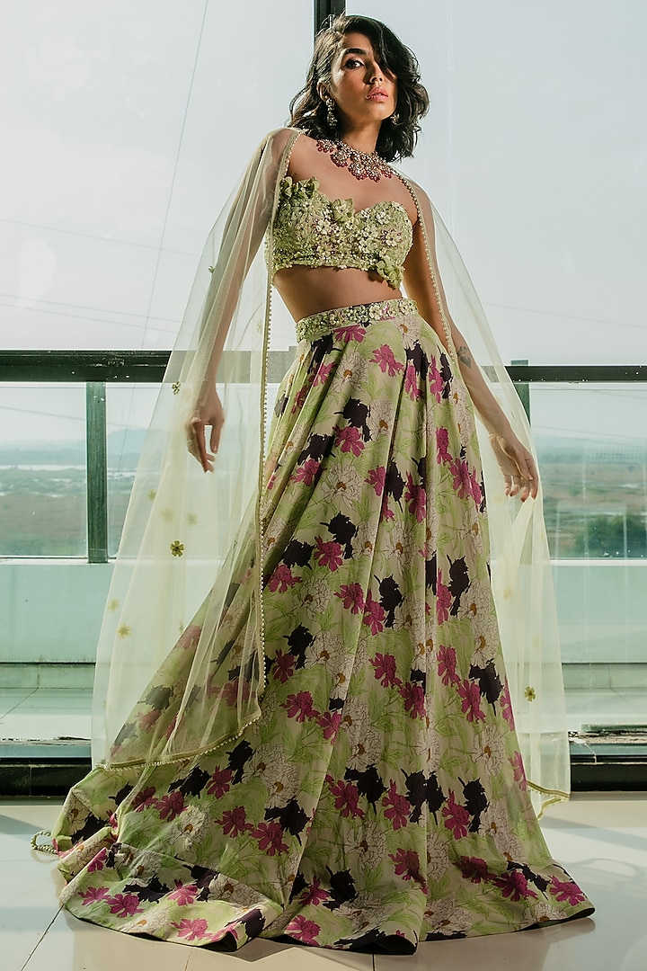 Lime Green Poly Georgette & Net Floral Printed Lehenga Set by Ria Shah Label