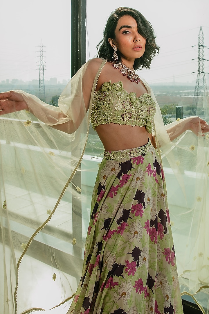Lime Green Poly Georgette & Net Floral Printed Wedding Lehenga Set by Ria Shah Label at Pernia's Pop Up Shop