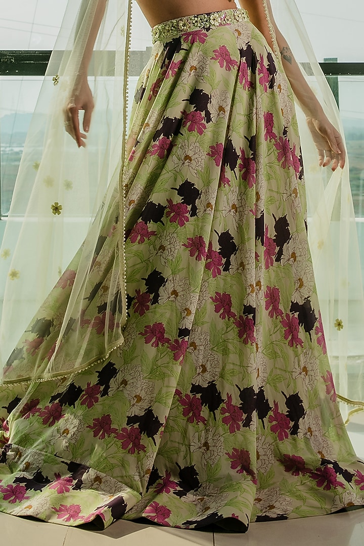 Lime Green Poly Georgette & Net Floral Printed Wedding Lehenga Set by Ria Shah Label at Pernia's Pop Up Shop