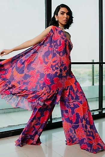 Purple Poly Georgette Floral Printed Wedding Sharara Set by Ria Shah Label at Pernia's Pop Up Shop