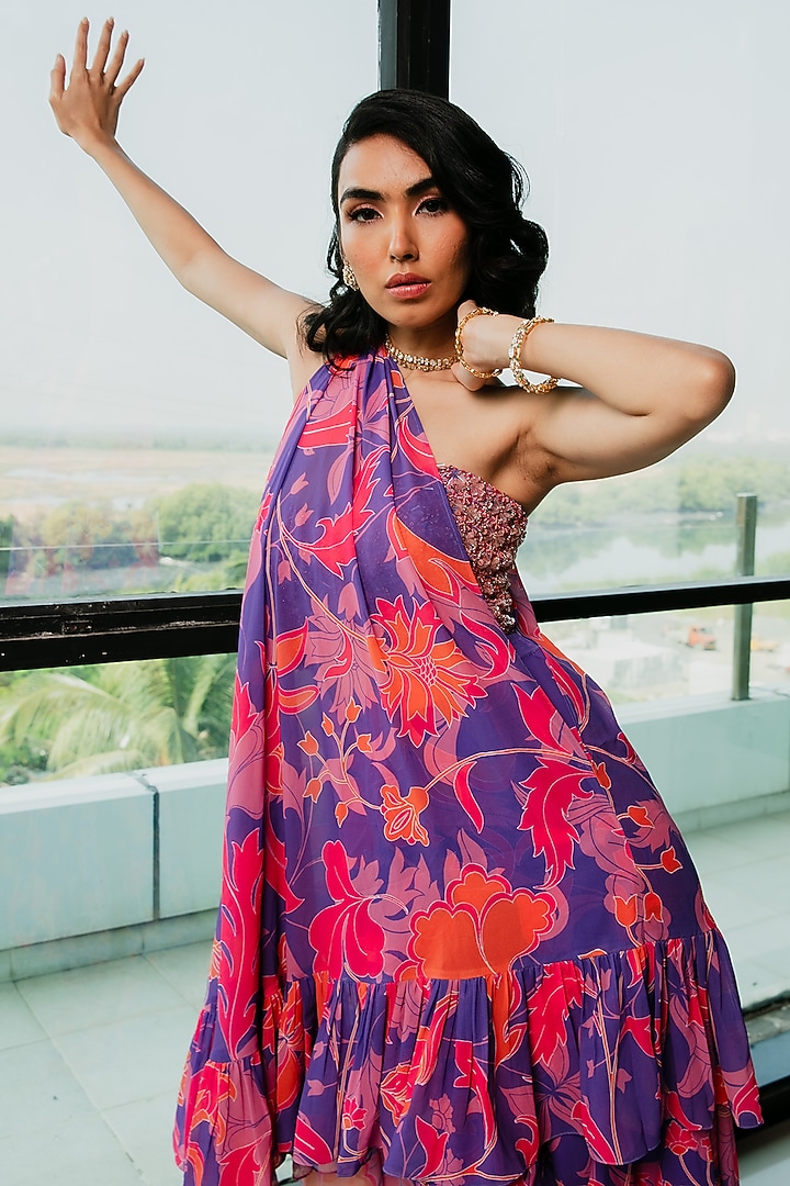 Purple Poly Georgette Floral Printed Wedding Sharara Set by Ria Shah Label at Pernia's Pop Up Shop