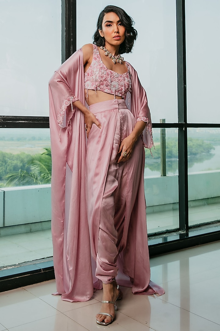 Pink Modal Satin Dhoti Pant Set by Ria Shah Label