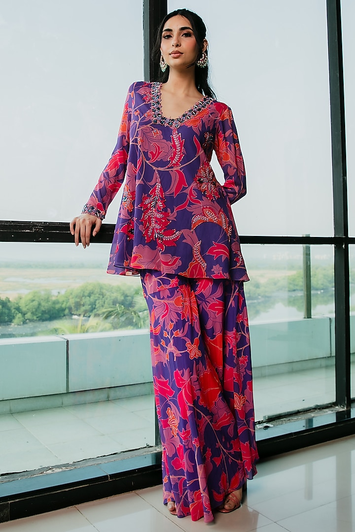 Purple Poly Georgette Floral Printed & Embroidered Flared Kurta Set by Ria Shah Label