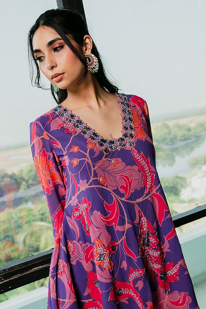 Purple Poly Georgette Floral Printed & Embroidered Flared Kurta Set by Ria Shah Label at Pernia's Pop Up Shop