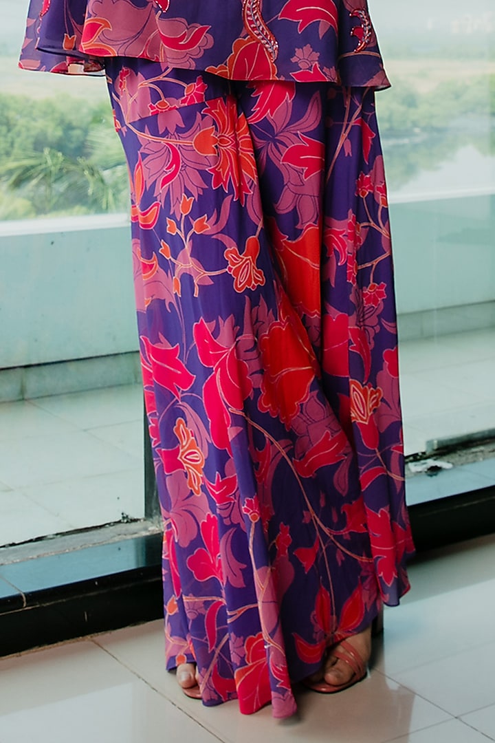 Purple Poly Georgette Floral Printed & Embroidered Flared Kurta Set by Ria Shah Label at Pernia's Pop Up Shop