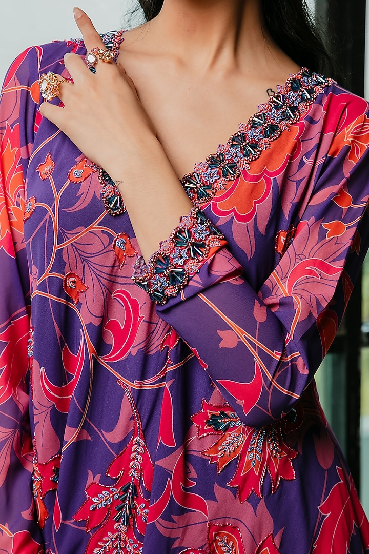 Purple Poly Georgette Floral Printed & Embroidered Flared Kurta Set by Ria Shah Label at Pernia's Pop Up Shop
