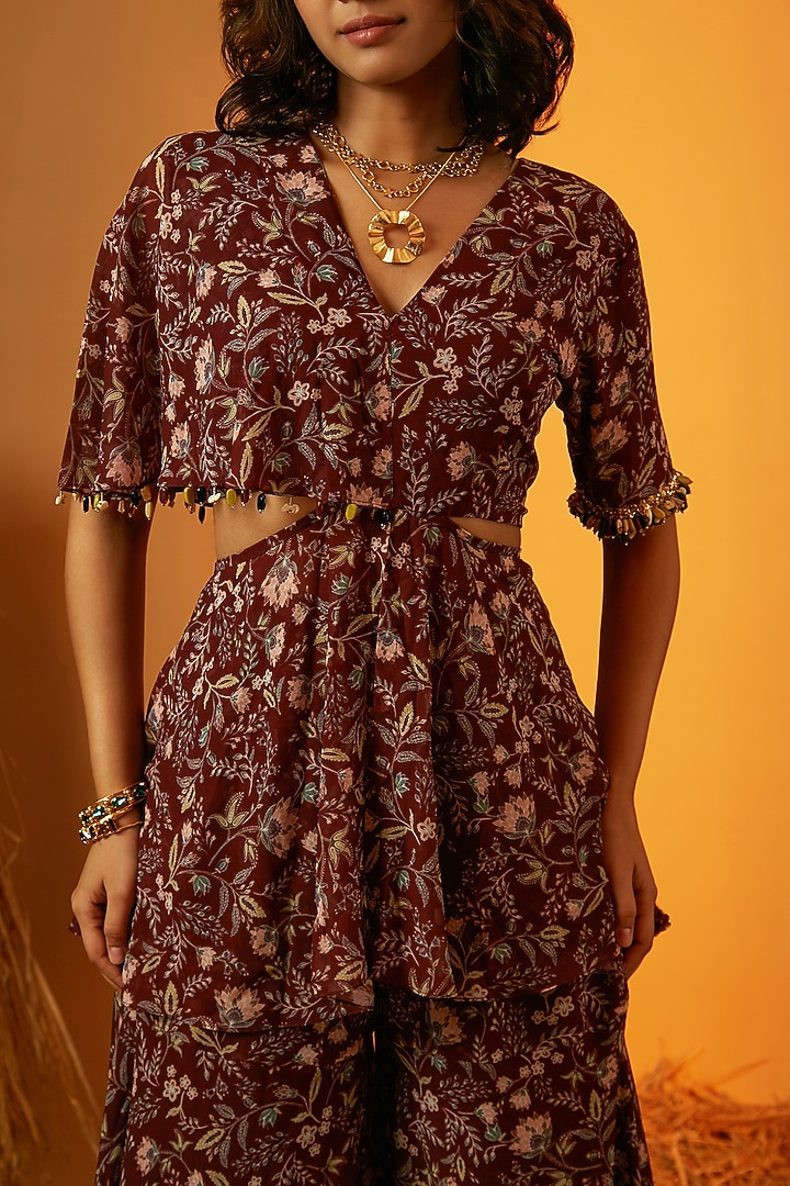 Maroon Poly Georgette Floral Printed Wedding Sharara Set by Ria Shah Label at Pernia's Pop Up Shop