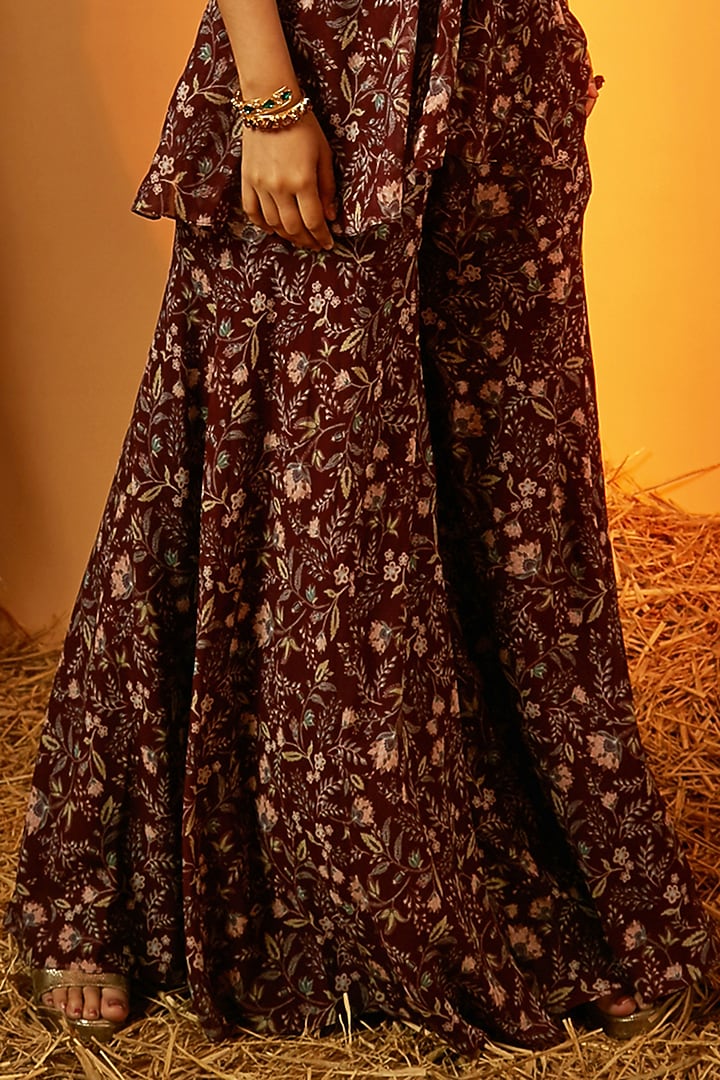 Maroon Poly Georgette Floral Printed Wedding Sharara Set by Ria Shah Label at Pernia's Pop Up Shop