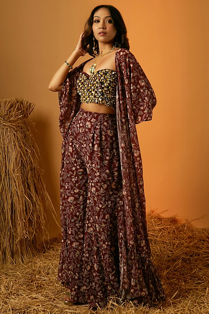 Maroon Poly Georgette Floral Printed Cape Set by Ria Shah Label